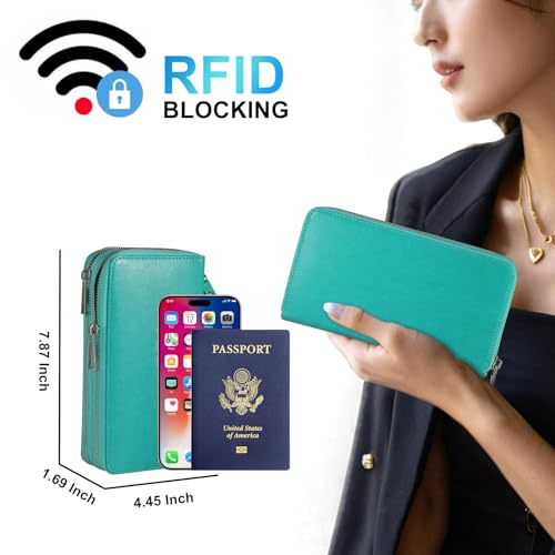 RFID Blocking Cellphone Wristlet Wallet for Women Dual Zipper Large Capacity 17 Card Holder Ladies Phone Clutch Travel Purse with Removable Strap, Turquoise - color: Turquoise