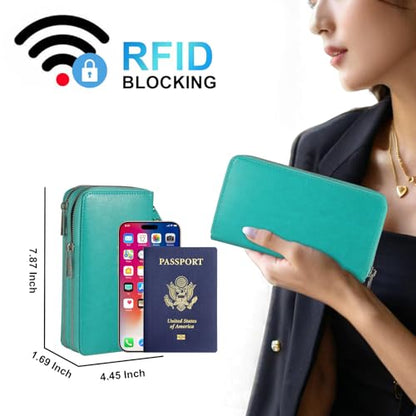 RFID Blocking Cellphone Wristlet Wallet for Women Dual Zipper Large Capacity 17 Card Holder Ladies Phone Clutch Travel Purse with Removable Strap, Turquoise - color: Turquoise