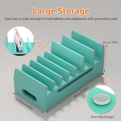 Bamboo Charging Station with 5 Port Charger HUB & 5 Cables-Teal - color: Teal