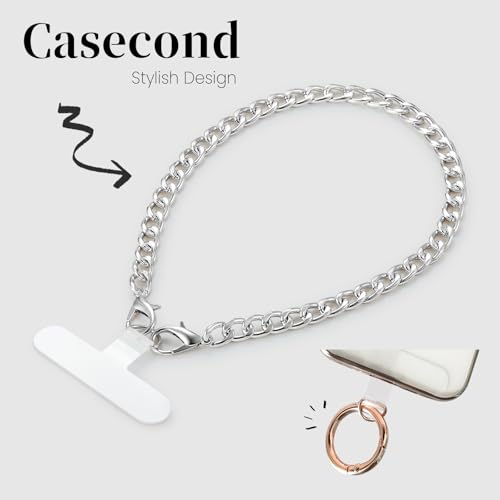 Phone Charm with Gold Metal Chain Detachable Phones Lanyard Hand Wrist Strap Wristlet Adjustable Finger Grip Strap with 3 Patches Tether Universal for iPhone 17 16 Pro Max 15 Charms Silver - color: Silver