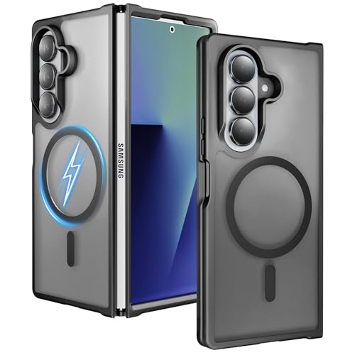 One Piece Design Matte Frosted Magnetic Case for Samsung Galaxy Z Fold 7, Fit for Magsafe, Ultra Thin, Shockproof Anti Fingerprints Translucent Back Integrated Bumper Wireless Charge Cover for Fold 7 - color: Black for Z Fold 7
