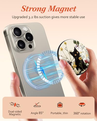 Kidcube Magnetic Phone Grip Compatible with Magsafe - Cell Phone Grip Stand Magnetic Ring Holder Finger Kickstand for iPhone 17 16 15 14 13 12 Series Magnet Removable Accessories Cute Black Cat Flower