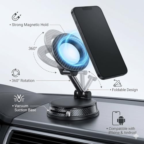 Magnetic Car Phone Holder for MagSafe, Vacuum Suction Mount, 360° Adjustable Dashboard & Windshield Mount, Strong N52 Magnetic Phone Holder for iPhone 17/16/15/14, Samsung Galaxy, Metal Ring Included