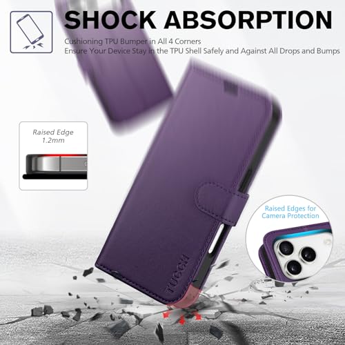 TUCCH Wallet Case for iPhone 17 Pro (6.3") 2025, 4 Card Holder, Deep Purple | RFID Blocking, Viewing Stand, Shockproof TPU Shell, PU Leather, Magnetic Closure, Protective Folio Flip Cover - color: Deep Purple