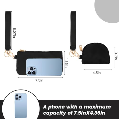 Mini Zip Around Wristlet Wallet, Dual Pouch Keychain Coin Purse for Women | Phone wallet design, detachable pouches, waterproof nylon, zipper closure, card holder, travel and daily essentials organizer - color: Black+Gold