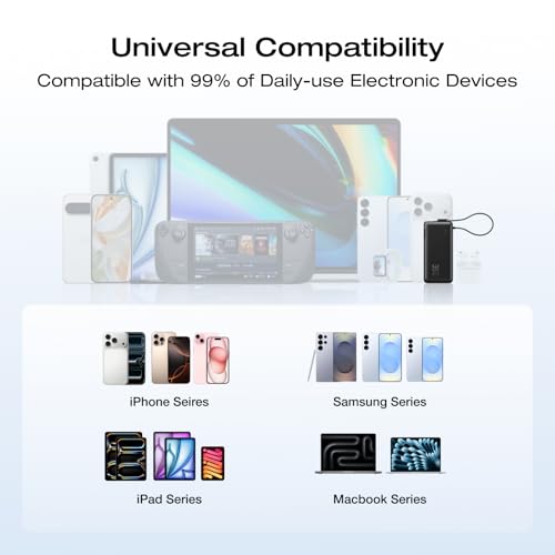 EF ECOFLOW Rapid 3-in-1 Portable Charger, 10,000mAh Power Bank with Built-in USB-C Cable and Foldable Wall Plug, 30W Max Battery Pack, Travel Essentials for iPhone 17/16/15 Series, Galaxy, MacBook