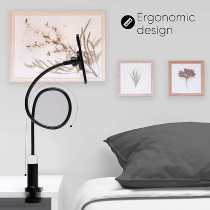 Phone Holder, Magnetic Flexible Long Arm Phone Mount for Desk Bed Bedside Table, Overhead Cell Phone Clip Bracket Clamp Stand for iOS 15 15 Pro 15 Plus