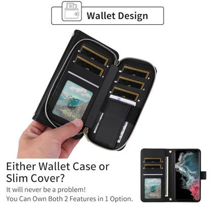 Wallet Case for Samsung Galaxy S21 Ultra 5G with Wrist Strap, 9+ Card Slots Zipper Purse, Luxury PU Leather Stand Full Body Phone Cover for S21ultra 21S S 21 21ultra G5 Women Girls Black | Wrist/Shoulder Strap, Card Slots, Purse, Luxury PU Leather, Stand,