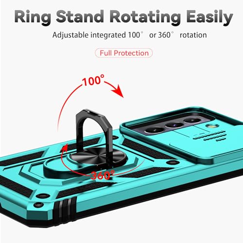 for Samsung Galaxy S22 Case with Camera Lens Cover HD Screen Protector, Dual Layer Military-Grade Drop Tested Magnetic Ring Holder Kickstand Protective Phone Case for Samsung Galaxy S22 5G (Mint) - color: Mint with camera cover Military-Grade 2nd gen