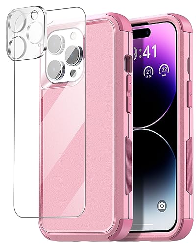 AICase Rugged Case Compatible with iPhone 15 Pro Max+Glass Protector+Camera Lens,Heavy Duty 3-Layer Pocket-Friendly Durable Military Grade Protection Shockproof/DropProof Protective Cover_4 - color: Pink+Glass Protector+Camera Lens