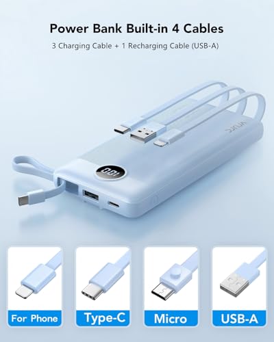 VRURC Portable Charger, Slim Power Bank Built-in 4 Cables, Travel Essential - color: Blue