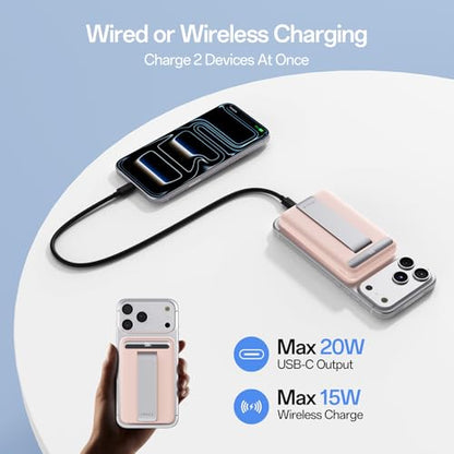 iWALK Qi2 Certified 15W Magnetic Wireless Power Bank, 10000mAh Fast Charging Portable Charger with Adjustable Stand and LED Display, Compatible with iPhone 18/17/16/15/14/13/12 - color: Pink