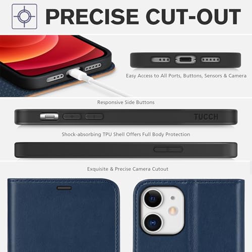 TUCCH Wallet Case for iPhone 12 Pro/12 (6.1"), 3 Card Slots, Blue & Brown | RFID Blocking, Viewing Stand, Shockproof TPU Shell, PU Leather, Magnetic Closure, Protective Folio Flip Cover - color: Dark Blue & Brown