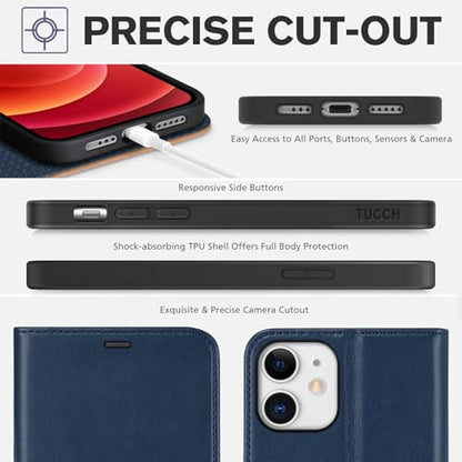TUCCH Wallet Case for iPhone 12 Pro/12 (6.1"), 3 Card Slots, Blue & Brown | RFID Blocking, Viewing Stand, Shockproof TPU Shell, PU Leather, Magnetic Closure, Protective Folio Flip Cover - color: Dark Blue & Brown