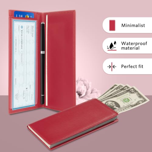 CoBak Checkbook Cover for Women & Men - PU Leather Case with RFID Blocking | Classic Design Check Book Holder for Personal and Business - color: Carbon Red
