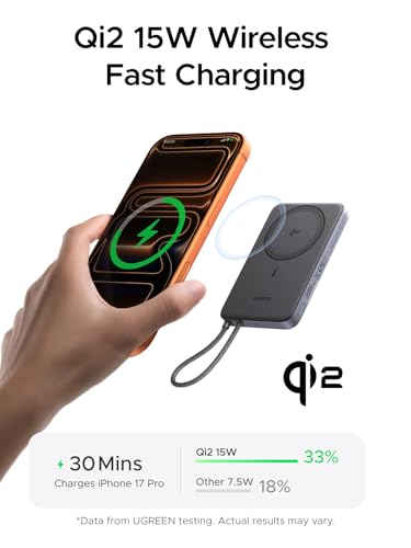 UGREEN Magflow Air 10000mAh Qi2 15W Wireless Power Bank Built-in Cable - color: Grey