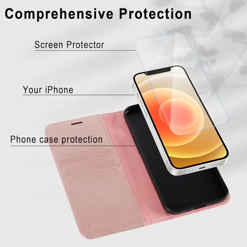 MONASAY Wallet Case Compatible for iPhone 12 mini 5G 5.4-inch,[Glass Screen Protector Included] [RFID Blocking] Flip Folio Leather Cell Phone Cover with Credit Card Holder, Rosegold - color: Rosegold