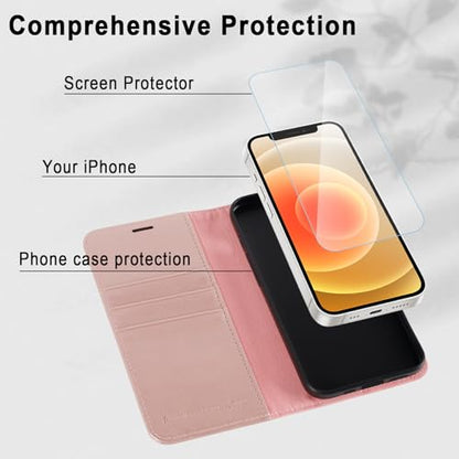 MONASAY Wallet Case Compatible for iPhone 12 mini 5G 5.4-inch,[Glass Screen Protector Included] [RFID Blocking] Flip Folio Leather Cell Phone Cover with Credit Card Holder, Rosegold - color: Rosegold