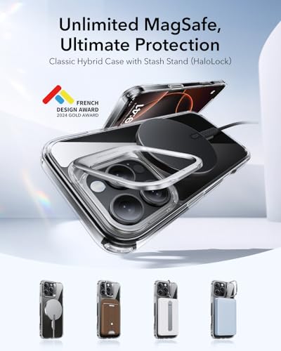 ESR for iPhone 16 Pro Max Case, Compatible with MagSafe, Military-Grade Protective Case, Built-in Stash Stand Phone Case, Scratch-Resistant Back Cover, Classic Series, Clear - color: Clear