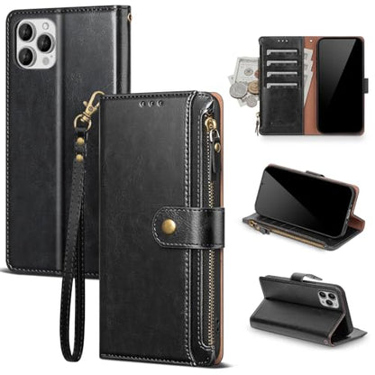 Compatible with iPhone 13 Pro Max Wallet Case with Card Holder RFID Blocking Zipper Poket PU Leather Flip Phone Case with Wrist Strap Credit Card Slots Men Women,for Apple 13 Pro Max,Black - color: Black, size: iPhone 13 Pro Max - 6.7