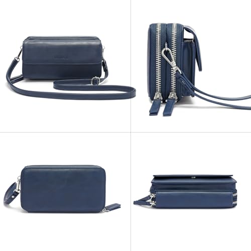 RFID Crossbody Wallet Wristlet Purse with Phone Pocket For Women Vegan Leather - color: B-navy Blue