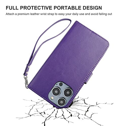 Bocasal Detachable Wallet Case Card Holder for iPhone 14 Pro Max Purple | RFID Blocking Kickstand Card Slots Holder PU Leather Magnetic Shockproof Wrist Strap Removable Flip Protective Cover 6.7 inch - color: Purple