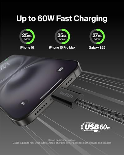 Belkin USB C to USB C 60W Braided Cable 9.9ft iPhone Charger Cord - color: Black, style: 9.9 ft