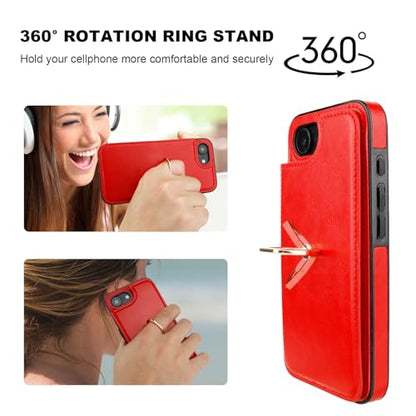ONETOP for iPhone 17e/16e Wallet Case with Credit Card Holder,Red | 360° Rotation Ring Kickstand,Finger Grip,Double Magnetic Clasp,RFID Blocking PU Leather Shockproof Cover for Women Men - color: Red