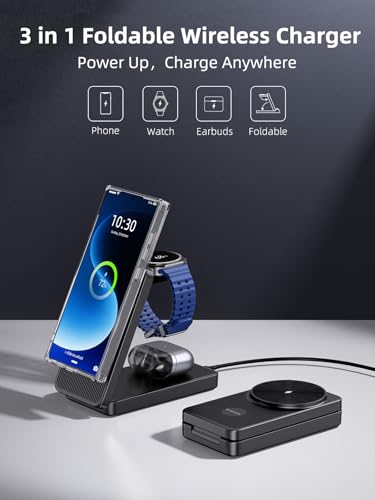 3 in 1 Magnetic Wireless Charger for Samsung, Foldable Android Charging Station for Galaxy S26/S25 Ultra /S24/Z Fold 7/Flip 7, Magnetic Watch Charger Stand for Galaxy Watch Ultra 8/7/Buds 3 for Travel