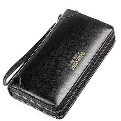 Large Wallet Clutch Long Leather Phone Purse Business Hand Clutch Bag Card Holder Travel Wallet for Men Women Father Husband - color: Double-Black