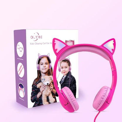 Olyre Kids Wired Headphones with Mic, LED Cat Ears Headset, Dual Audio Jack - color: Rose Red