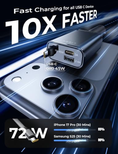 LISEN 72W Retractable Car Charger Ultra-Compact USBC Fast Car Charger - color: 1C Cable-Silver