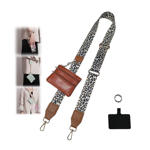 Phone Strap with Zippered Pouch, Clip and Go Strap for Phone with Wallet Crossbody - color: Leopard Print-brown-s