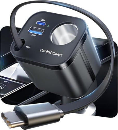 4 in 1 Retractable Car Charger, 145W USB C Cigarette Lighter Adapter