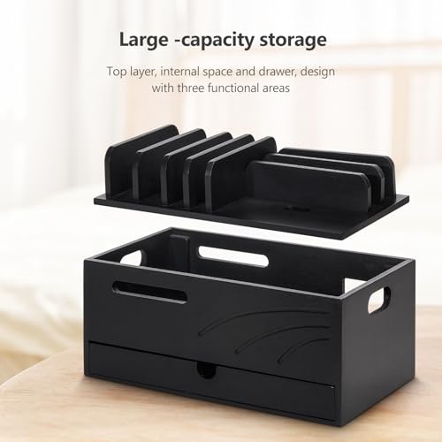 Homde Bamboo Charging Station Organizer: 6 Compartments and Drawer - color: Black