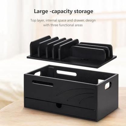 Homde Bamboo Charging Station Organizer: 6 Compartments and Drawer - color: Black