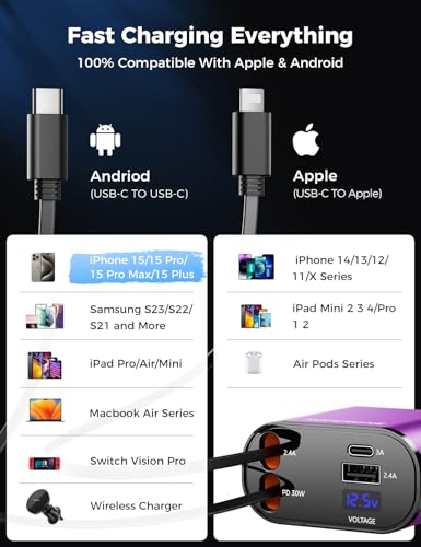 [Upgraded] SUPERONE Retractable Car Charger 4 in 1 Fast Car Phone Charger - color: Purple