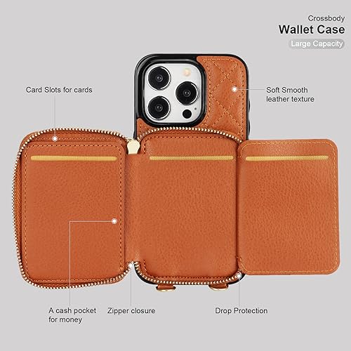Bocasal Crossbody Wallet Case Card Holder for iPhone 15 Pro, Brown | RFID Blocking PU Leather Zipper Handbag Purse, Kickstand Flip Folio Case with Card Slots Holder Wrist Strap Lanyard 6.1 Inch - color: Brown