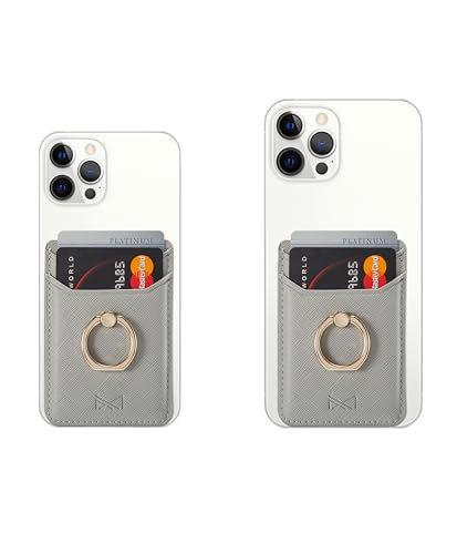 Card Holder Sleeve with Ring, RFID Credit Wallet PU Leather Stick On Back Grip for iPhone Samsung Smartphone - Silver - color: Silver