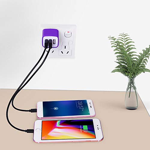 3 Port USB Wall Charger - Multi-Port USB Plug, 5V 3.1A Compatible with iPhone 14/13/12/11/Xs/XR/8/7/6S, Samsung Galaxy S23/S22/S21/A14/A13/Note 20, LG V20/V30/V35 THINQ Q7 - color: Purple