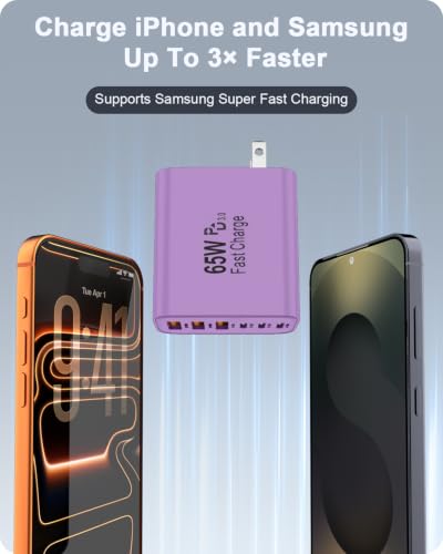 2-Pack 65W USB C Charger Block, 6-Port Fast Wall Charging Block [3 PD USB-C & 3 QC USB-A] for iPhone 17 16 15 Pro Max, iPad Pro, Galaxy S26 S25, Pixel 10 9, iWatch,Google & More - color: Purple