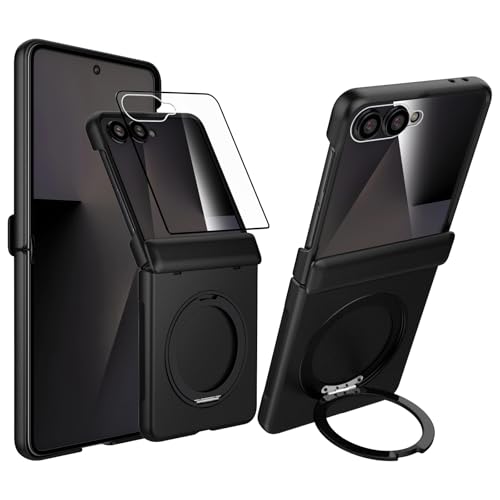 Magnetic Case for Samsung Galaxy Z Flip 7 Case, Compatible with Mag-Safe, Center Hinge Protection, 360° Rotating Finger Ring Holder with Built-in Screen Protector PC Material for Galaxy Z Flip 7 2025 - color: Black, size: for Galaxy Z Flip 7
