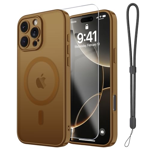 Magnetic Case for iPhone 16 Pro Case with Screen Protector+Wrist Strap | Compatible with MagSafe,Full Camera Protection,Slim Translucent Matte Phone Cover,Brown - color: Brown