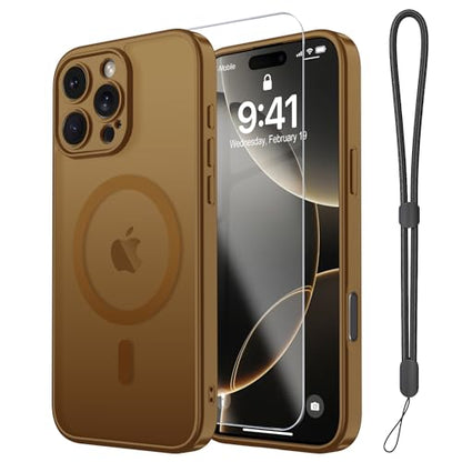 Magnetic Case for iPhone 16 Pro Case with Screen Protector+Wrist Strap | Compatible with MagSafe,Full Camera Protection,Slim Translucent Matte Phone Cover,Brown - color: Brown