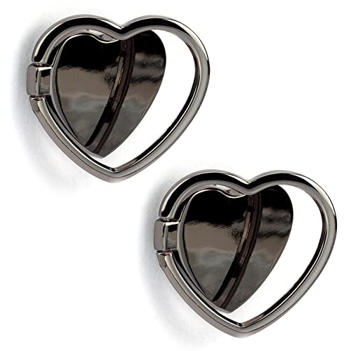 2 Packs Glossy Finish Love Heart Shaped Cell Phone Ring Holder Stand, 360 Degree Rotation Finger Ring Kickstand with Polished Metal Phone Grip (Black)