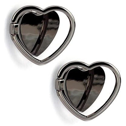 2 Packs Glossy Finish Love Heart Shaped Cell Phone Ring Holder Stand, 360 Degree Rotation Finger Ring Kickstand with Polished Metal Phone Grip (Black)
