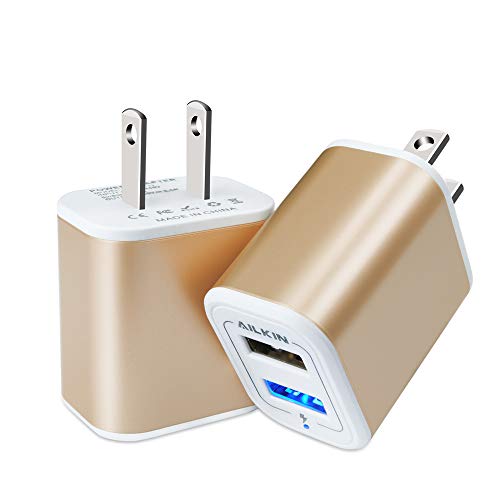 USB Power Adapter, Wall Plug Ailkin 2-Pack 5V/2.1A Fast Charging Cell Phone - color: Gold