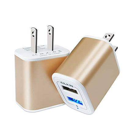 USB Power Adapter, Wall Plug Ailkin 2-Pack 5V/2.1A Fast Charging Cell Phone - color: Gold