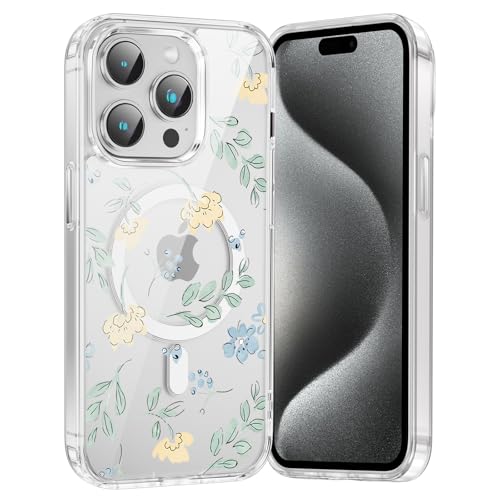 for iPhone 16 Pro Max Magnetic Case Cute Clear Flower Pattern Case, Aesthetic Spring Floral for Girls Women, Soft TPU Clear Slim Anti-Drop Shockproof Protective Phone Cover - Orange Flower - color: Blue Flower, size: iPhone 16 Pro Max