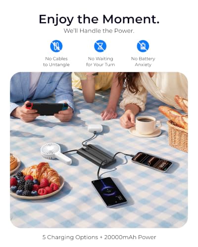 VRURC Portable Charger 4-Built-in-Cables 20000mAh Fast Charging Power Bank - color: Black